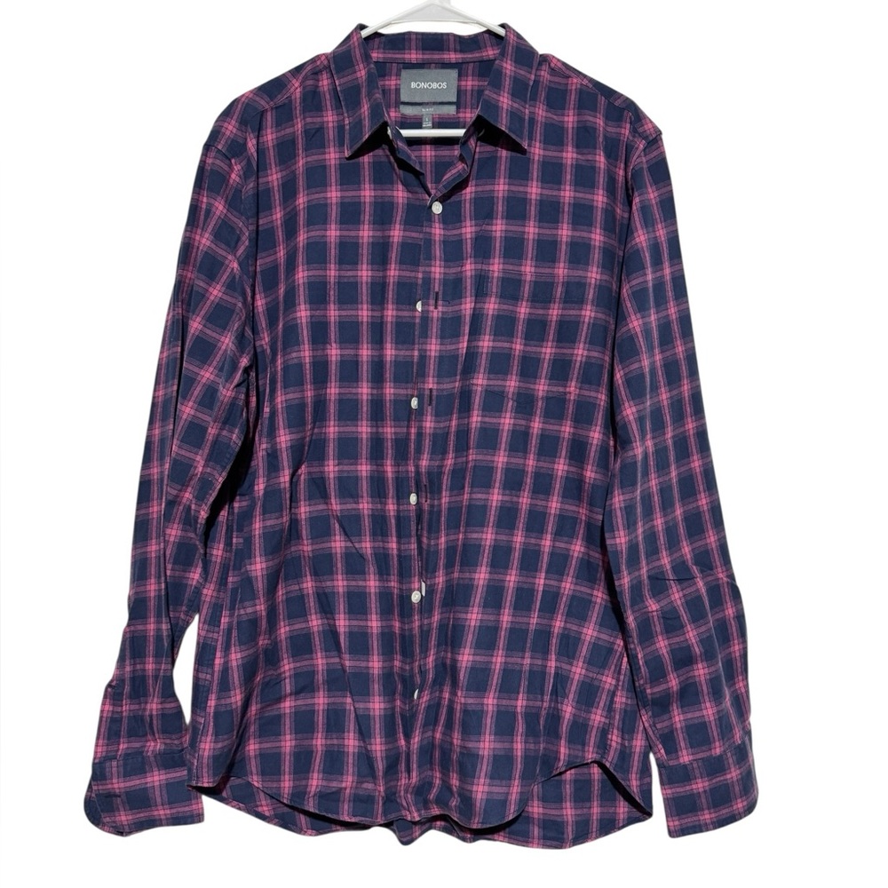 Bonobos Plaid Button Up Casual Dress Shirt Men Size L Pink Blue Preppy Office